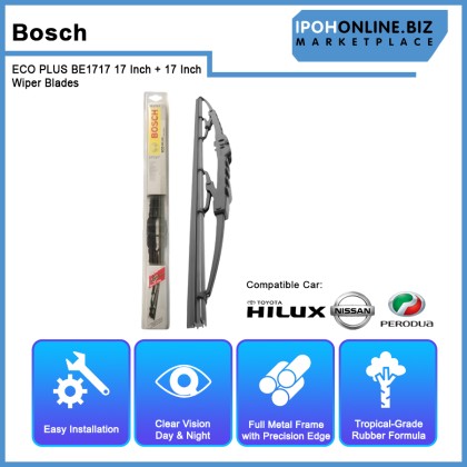 Bosch ECO PLUS BE1717 17 Inch + 17 Inch Wiper Blades Toyota Hilux Pickup Kia Naza Besta Perodua Kancil New Quick-Clip Advanced Tropical Rubber Formula With Graphite